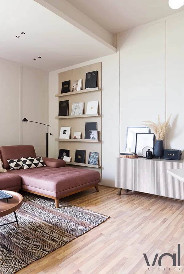 Display shelves and a fluted sideboard in the studio
